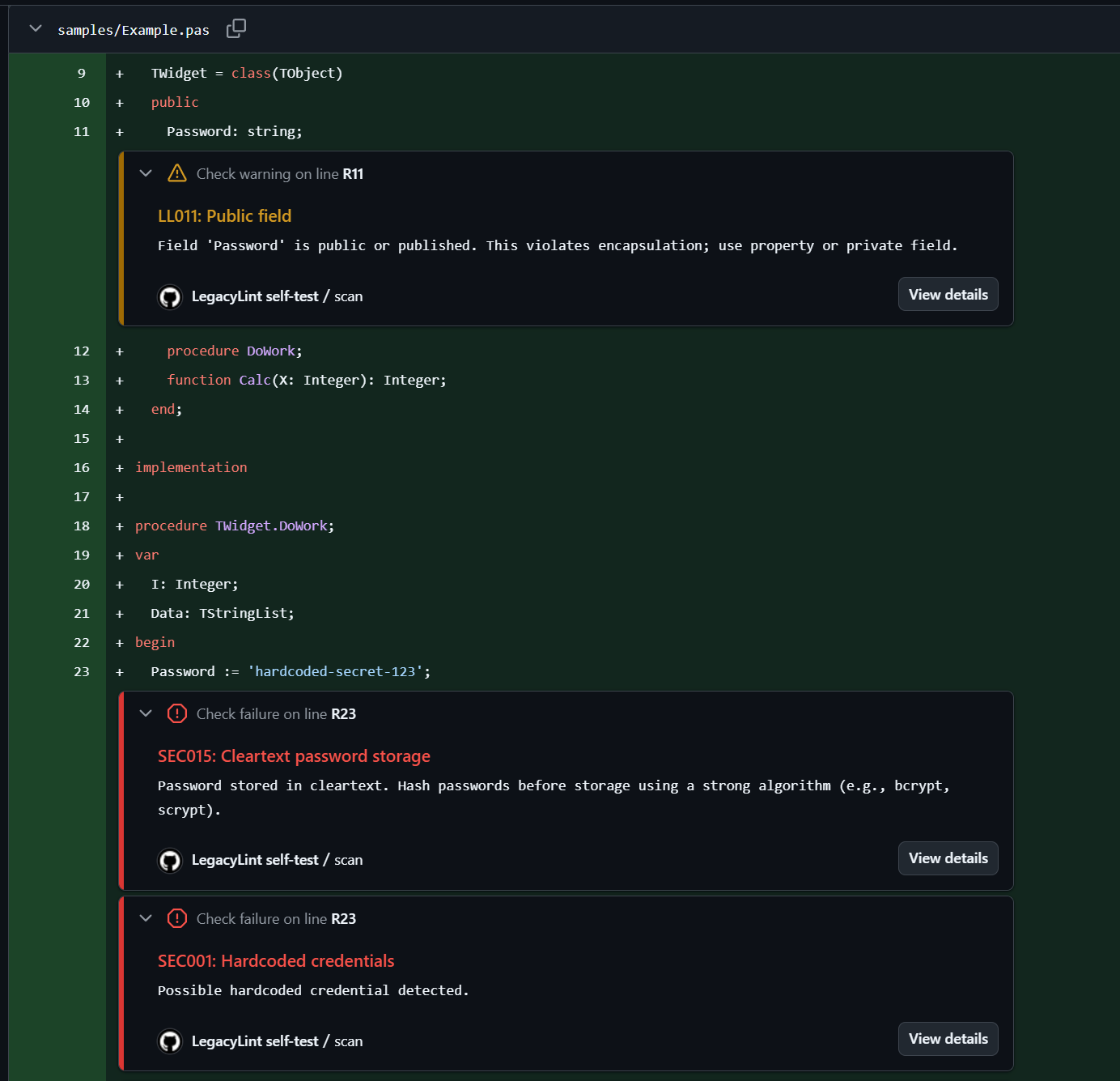 LegacyLint inline annotations flagging hardcoded credentials and other findings on a GitHub pull request